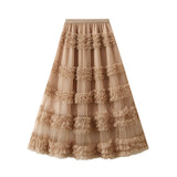 Fongt Heavy Industry Lace Cake Skirt Long Skirt Sweet Wind High Waist Wood Ear Net Yarn Skirt 1276