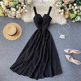 New Design Sense Careful Machine V Collar Back Retro Solid Color Waist Show Thin Hem Long Dress Women's Dress-Outfit
