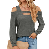 2023 New U Collar Off-Shoulder Splice Long Sleeve Loose T-Shirt Top Women-Outfit