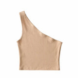 Fongt Autumn / Winter Ebay Sleeveless Diagonal Shoulder Vest Female Ins Fashion Wear A Slim Open Shoulder Short Crop Top-Outfit
