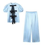 Spring Bowknot Satin Blouse Satin Casual Trousers Set-Outfit