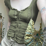 Fongt Lace-Up Green Short Sleeves And Front U-Collar T-Shirt 2023 New Slim Temperament Show White Coat Tide-Outfit