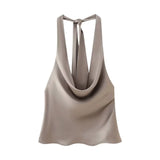 Fongt Women's Neck Bow Silk Satin Texture Top-Outfit