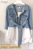 Denim Jackets 2023 Korean Stitching Fake Two Piece Lapel Long Sleeve Single Breasted Lace Up Vintage Coat Women