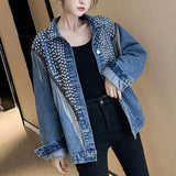 Clothing Stylish Tassel Beading Jackets Spring Autumn Korean Long Sleeve Lapel Casual Loose Single-breasted Denim Coats-Outfit