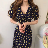 Summer Women Lace Up Floral Dress V-Neck Slim Elegant Midi Runway Puff Sleeve