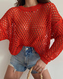 Fongt Spring And Summer New Knitted Shirt Horn Sleeve Loose Round Collar Hollow Sweater Woman