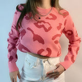 Leopard Print Women's Knitted Sweater Pink O-neck Loose Sweet Pullovers All Match 2021 Autumn Winter Basic Casual