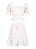 Fongt 2025 New Fashion Leisure Holiday Bubble Sleeve T-Shirt + White Embroidery Shorts Set For
