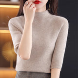 Fongt Summer Slim Head Five Minute Sleeve Bottom Top New Half High Collar Solid Color Simple Medium Sleeve Sweater Women-Outfit
