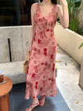 Fongt Xixi 2025 Summer New Korean Version Of High-Waisted Holiday Sling Dress V-Neck Print Pure Desire Skirt 88277
