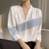 Fongt 2023 Summer Women's New Satin Shirt V-Neck Simple Nine-Minute Sleeve Temperament Versatile French Jacket-Outfit