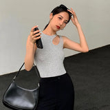 Fongt Hipster High Street Wind 2024 Summer Round Collar Side Irregular Hollow Out Design Women's Solid Color Slim Small Vest-Outfit