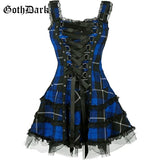 Dark Plaid Bandage Gothic Women A-line Dresses Grunge Aesthetic Lace Trim Patchwork Mini Dress Punk Bodycon Sexy