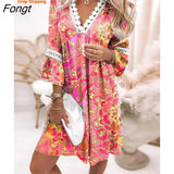 Spring V-neck Printed Lace Panel Bohemian Casual Holiday Dress Beach Outfits for Women Beach Cover Ups for
