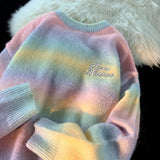 Girls Gradient Rainbow Striped Sweater Women O-neck Oversized Pullover Winter Y2K Tops Kawaii Clothes Harajuku