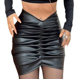 Fongt Color Pleated PU Wrap Hip Skirt Women's Short Skirt-Outfit