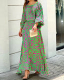 Fongt Women's Summer New Loose Print Long-Sleeved Top High Waist Half-Body Large-Size Dress Set