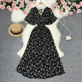 Fongt Wind Temperament Sweet Broken Flower V Collar Dress Beach Vacation Snow Spinning A Word Long Skirt-Outfit