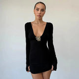 Deep V-neck Long Sleeve Bodycon Gold Applique Mini Dress-Outfit