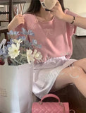 Round Neck Bow Print Short Sleeved Knitted Top-Outfit
