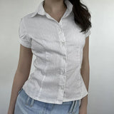 Fongt Style Short Sleeve Striped Base Shirt POLO Collar Slim Slim Single Breasted Joker Top-Outfit
