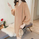 All-match Midi Elegant Solid Color Sweaters 2023 Autumn Winter Korean Loose Long Sleeve V-Neck Jumpers Women's Clothing-Outfit