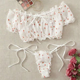 White Strawberry Print Mesh Off Shoulder Lingerie Set-Outfit