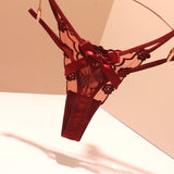 Fongt Sexy Embroidery Lady T-Word T-Tants Lace Transparent Hollow Seduction Hot Red Life Year Tpants