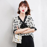 Printing Women's Blouse Chiffon Loose Bow Shirt Summer Short Sleeve Top Casual Fashion V-Neck 2022 New Korean Style