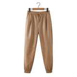 Women Khaki PU Leather Pants Stretch Waist Female Autumn Winter Harm Pants Trousers