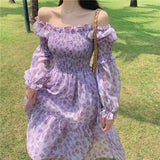 Floral Dress Women 2023 Summer Puffer Sleeve Beach One Piece Dress Korean Elegant Vintage Dress Female Chic Square Collar-Outfit