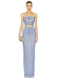 Blue Strapless 3D Flower Ruched Maxi Dress-Outfit