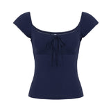 Fongt Hot Girl Style Tie With Short-Sleeved T-Shirt Design BM Style Slim Short Knitting Waist Top