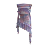 Sweet And Spicy Shoulder Dyed Printing Mesh Long-Sleeved Coat Folds Irregular Ribbon T-Shirt