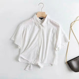 Women High Quality Bow Crop Shirt Summer Blouse Short Sleeve Chic Female Tops