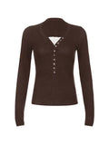 Lace Paneled Button Long Sleeve Knit Top-Outfit