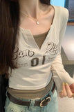 Color Splicing Fake Two Long-Sleeved T-Shirts Women's Autumn New V-Collar