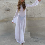Mesh See Through Long Sleeve Women Dress 2023 Summer Casual Sexy White Maxi Beach Dresses O Neck Solid Loose Outfits-Outfit
