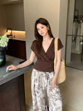 Fongt Xixi 2025 Summer New Korean Version Of Elegant Temperament V Collar Cross Thin Silk Shirt Women's Top 89376