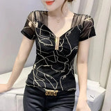 Folds Diamonds T-shirt Casual Gauze Spliced Female Clothing Sequined Slim Sexy V-Neck Summer Letter Printed Pullovers-Outfit