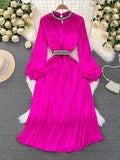 Light And Extravagant Miyake Pleated Long-Sleeved Diamond-Encrusted Vertical Collar Waist Showing Thin Bright Face A-Shaped Dress Dress-Outfit