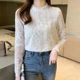 Spring Embroidery Flowers Blouses Stand Collar Long Sleeve Women Tops Loose White Elegant Lace Blouse Ladies Shirts