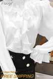 Stand Collar Chiffon Lace Shirts Korean Ruffles Stitching Elegant Button Blouse Woman Long Flare Sleeve Loose Tops