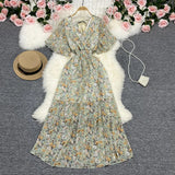 Fongt Wind Temperament Sweet Broken Flower V Collar Dress Beach Vacation Snow Spinning A Word Long Skirt-Outfit