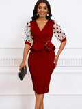 Fongt Summer New Mesh Velvet Bubble Sleeve V Neck Fashion Elegant Bag Of Hip Dress