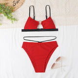 Fongt New Strapped Women's Hollow Out Swimsuit High Waist Solid Color Multi-Color Sexy Split Swimsuit Gathered