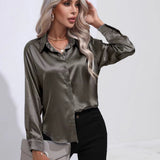 Satin Shirt Satin Imitation Silk Long-Sleeved Pure Color Elegant Button Front Lapel Shirt-Outfit