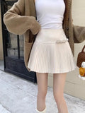 Bow Solid High Waist Pleated A-line Skirt-Outfit