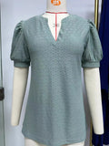 2024 New V-Neck Bubble Sleeve Pleated Short Sleeve Loose T-Shirt Top-Outfit